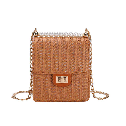 Straw pearl   with  wild texture fairy shoulder chain  bag