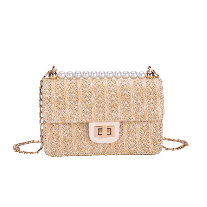 Straw pearl   with  wild texture fairy shoulder chain  bag