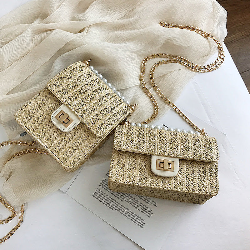 Straw pearl   with  wild texture fairy shoulder chain  bag