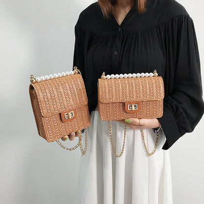 Straw pearl   with  wild texture fairy shoulder chain  bag