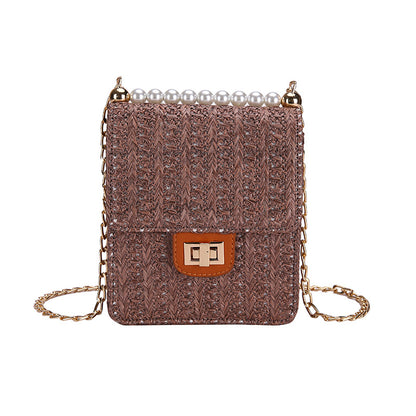 Straw pearl   with  wild texture fairy shoulder chain  bag