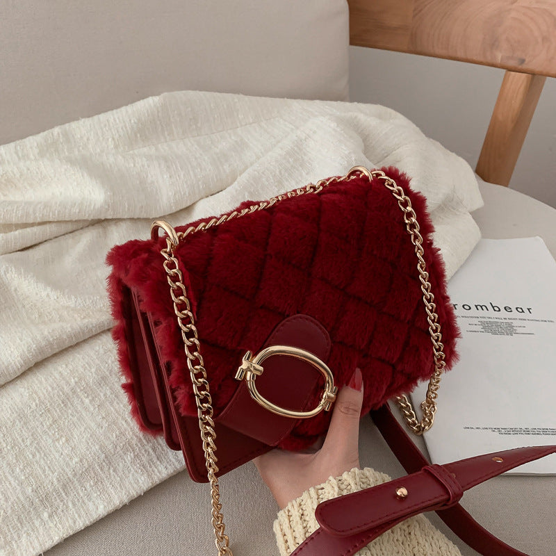 winter rhomboid plush handbags fashion trend all-match chain one-shoulder small square bag