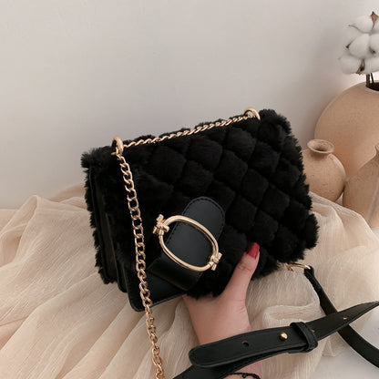 winter rhomboid plush handbags fashion trend all-match chain one-shoulder small square bag