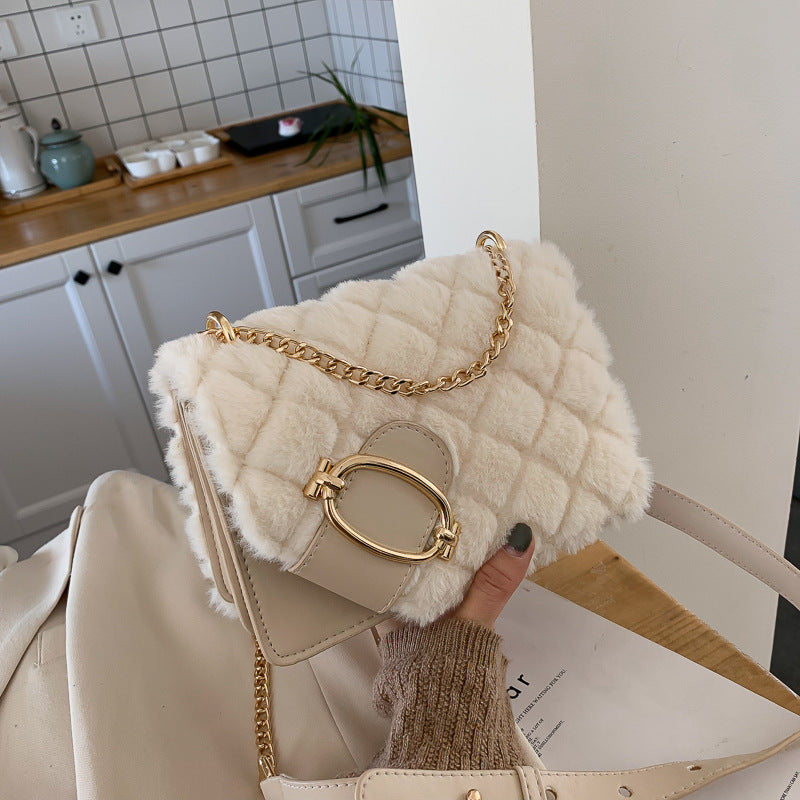 winter rhomboid plush handbags fashion trend all-match chain one-shoulder small square bag