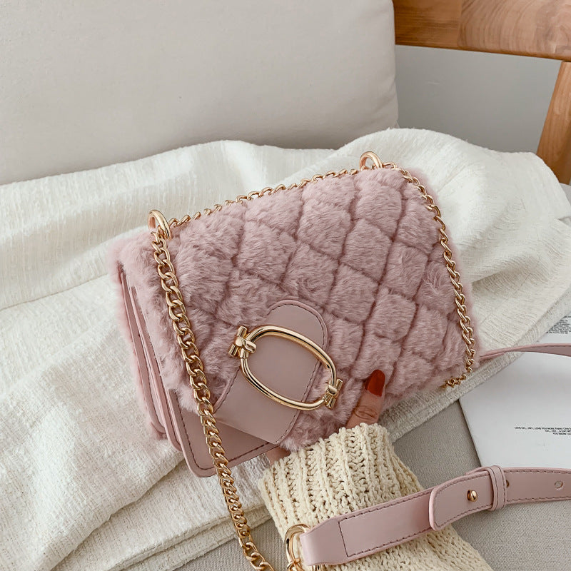 winter rhomboid plush handbags fashion trend all-match chain one-shoulder small square bag