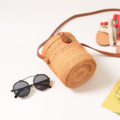 handmade rattan bucket mini bag woven with leather buckle bag