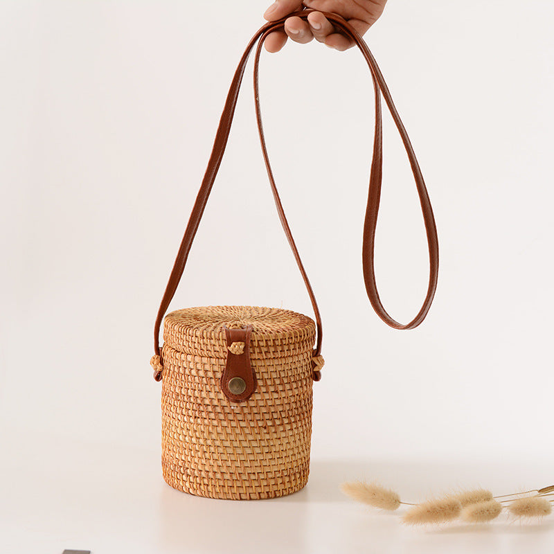 handmade rattan bucket mini bag woven with leather buckle bag