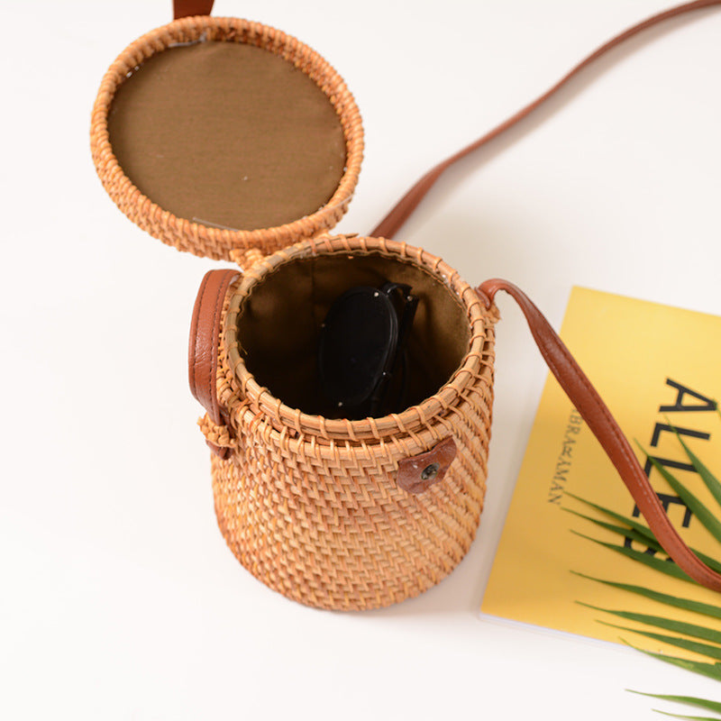 handmade rattan bucket mini bag woven with leather buckle bag