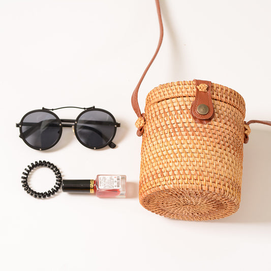 handmade rattan bucket mini bag woven with leather buckle bag
