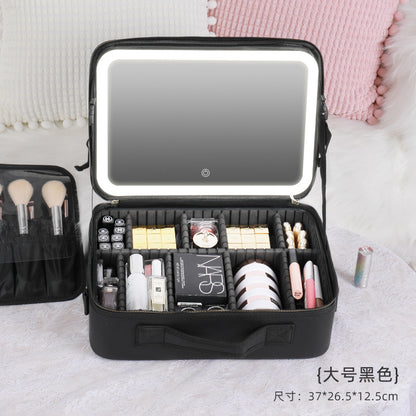 Large-capacity cosmetic bag with light full-screen mirror hand-held portable travel cosmetic storage bag storage box