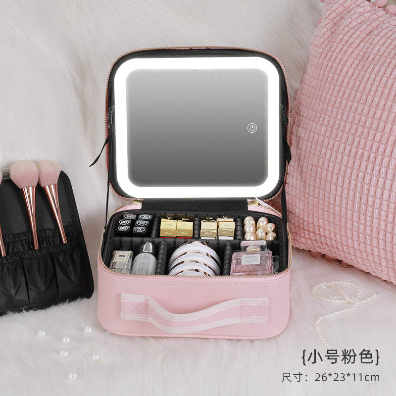 Large-capacity cosmetic bag with light full-screen mirror hand-held portable travel cosmetic storage bag storage box