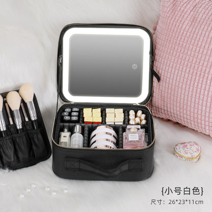 Large-capacity cosmetic bag with light full-screen mirror hand-held portable travel cosmetic storage bag storage box