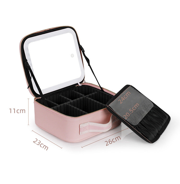 Large-capacity cosmetic bag with light full-screen mirror hand-held portable travel cosmetic storage bag storage box