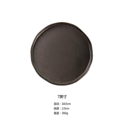 Ceramic flat-bottom steak plate, iron glaze matte western food plate, Nordic household dinner plate tray, breakfast plate, round flat plate