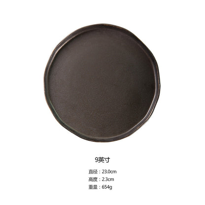 Ceramic flat-bottom steak plate, iron glaze matte western food plate, Nordic household dinner plate tray, breakfast plate, round flat plate