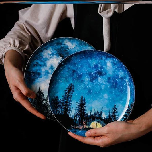 Nordic ceramic glaze medium color galaxy starry blue tableware home creative dinner plate fruit salad flat plate western food plate