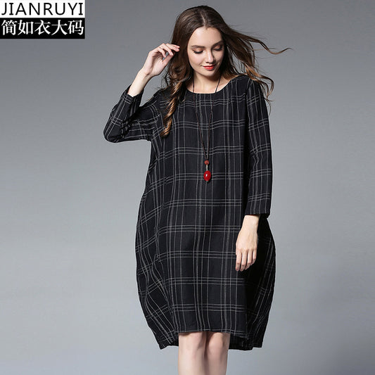 women's autumn and winter fat mm large size loose hemp cotton lattice cover slimming dress wholesale