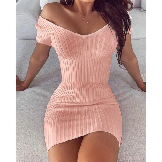 Sexy waisted temperament V-neck solid color slim short-sleeved dress with hip pits