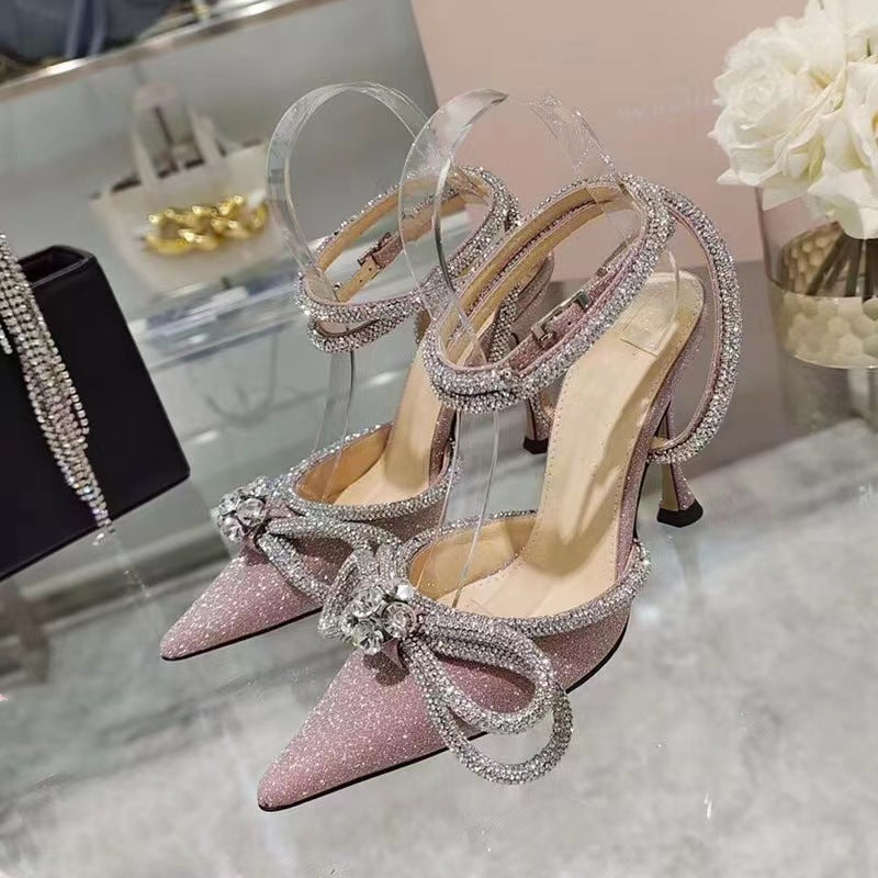 bow rhinestone pointed toe Glitter sandals women's strappy stiletto high heels