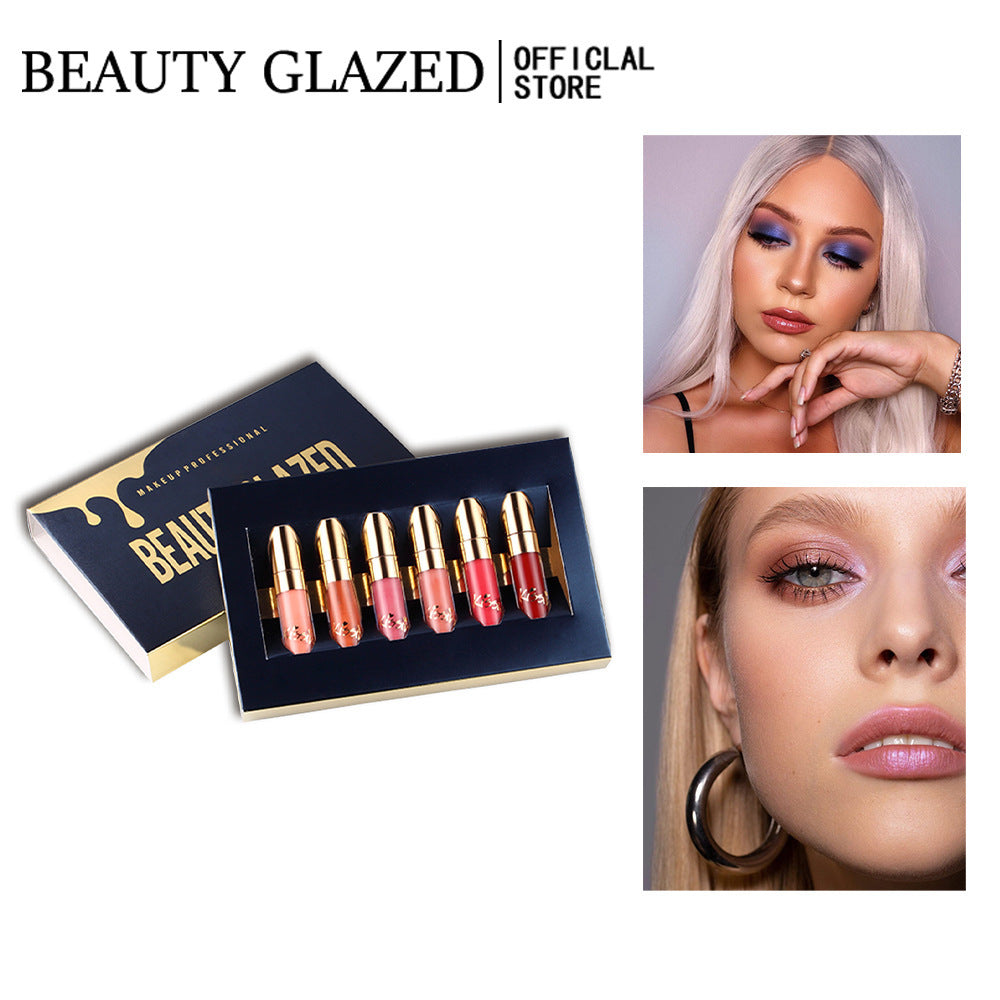 BEAUTY GLAZED 6pcs Lip Gloss Set Matte Lip Glaze Lipstick Cross-border one drop shipping