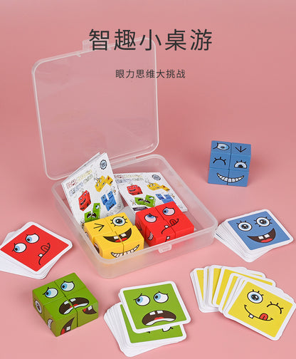 Children's Face Changing Rubik's Cube Building Block Toys Wholesale Parent-Child Interactive Desktop Battle Game Wooden Smiling Face Expression Rubik's Cube