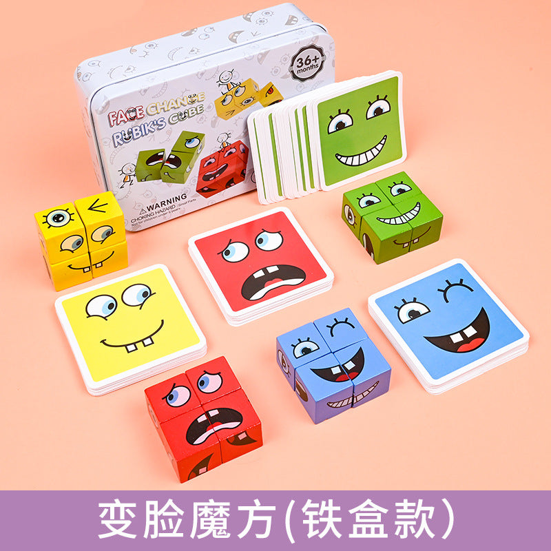 Children's Face Changing Rubik's Cube Building Block Toys Wholesale Parent-Child Interactive Desktop Battle Game Wooden Smiling Face Expression Rubik's Cube