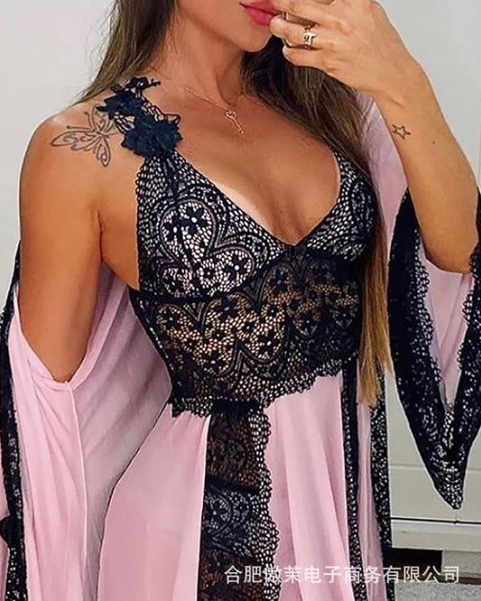 women's lace stitching sexy pajamas three-piece suit