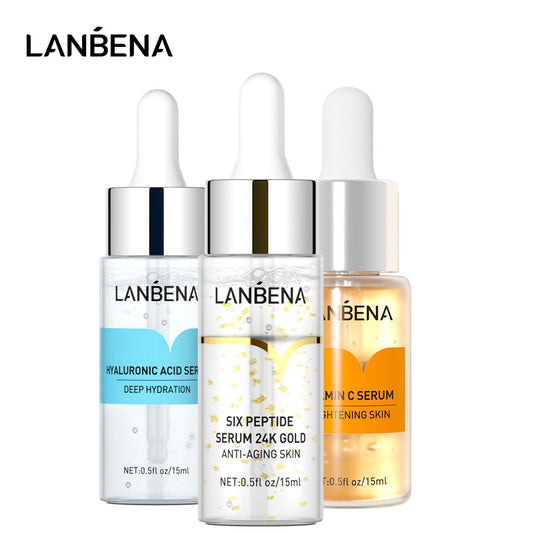 LANBENA hyaluronic acid+VC+24K gold stock solution 3 bottles combination moisturizing skin care (opp bag) 15ml cross-border