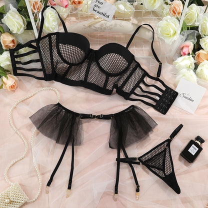 Ins europeu e americano aliexpress venda quente lingerie sexy malha saia plissada sexy confortável peito algodão conjunto de três peças feminino 2328